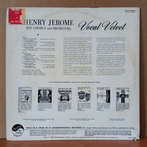 HENRY JEROME HIS CHORUS AND ORCHESTRA – VOCAL VELVET (1963) - LP 2.EL PLAK