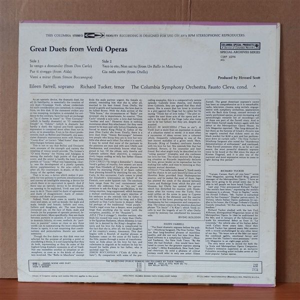 GREAT DUETS FROM VERDI OPERAS / RICHARD TUCKER, EILEEN FARRELL / FAUSTO CLEVA CONDUCTING THE COLUMBIA SYMPHONY ORCHESTRA (1961) - LP 2.EL PLAK