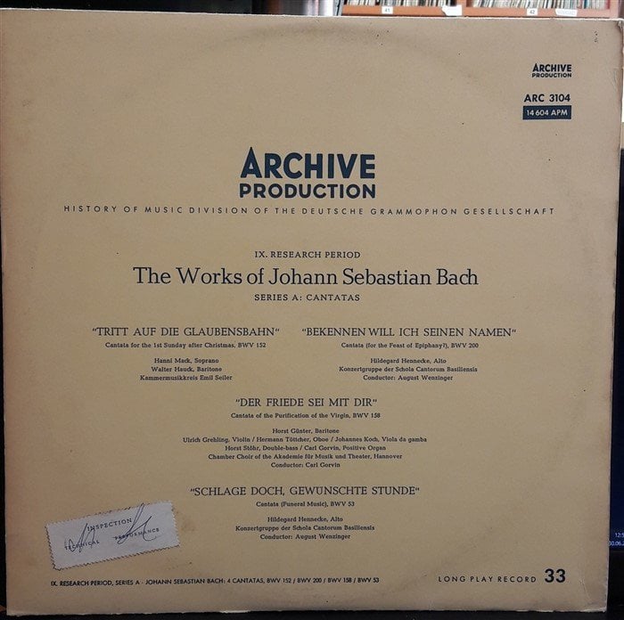 BACH: 4 CANTATAS ''TRITT AUF DIE GLAUBENSBAHN...'' - 2.EL PLAK ARCHIVE PRODUCTION