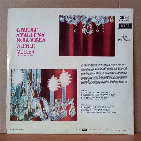 WERNER MÜLLER AND HIS ORCHESTRA – GREAT STRAUSS WALTZES - LP 2.EL YERLİ BASKI PLAK