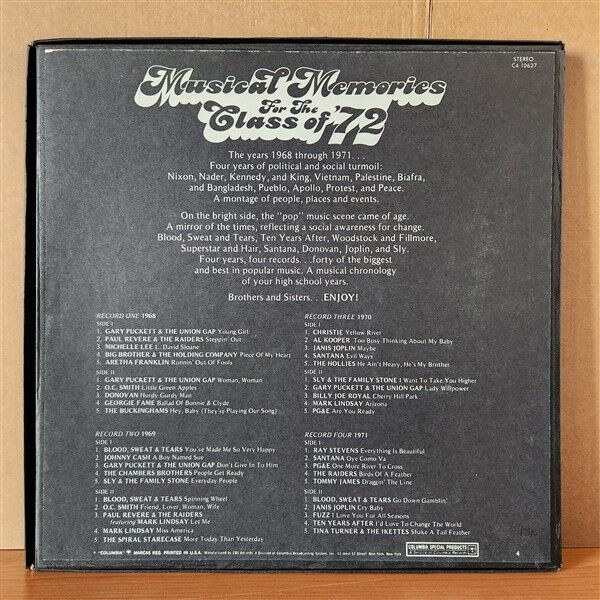 MUSICAL MEMORIES FOR THE CLASS OF ‘72 / GARRY PUCKETT, DONOVAN, JOHNNY CASH, SLY & THE FAMILY STONE, MARK LINDSAY, AL KOOPER, JANIS JOPLIN, RAY STEVENS, SANTANA, TEN YEARS AFTER (1972) - 4LP BOX SET 2.EL PLAK