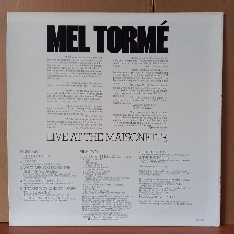 MEL TORME FEATURING AL PORCINO AND HIS ORCHESTRA – LIVE AT THE MAISONETTE (1975) - LP 2.EL PLAK