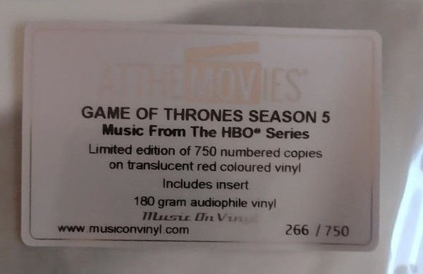 GAME OF THRONES SEASON 5 SOUNDTRACK - MUSIC BY RAMIN DJAWADI 2LP 2024 LIMITED EDITION TRANSLUCENT RED COLORED GATEFOLD SIFIR PLAK