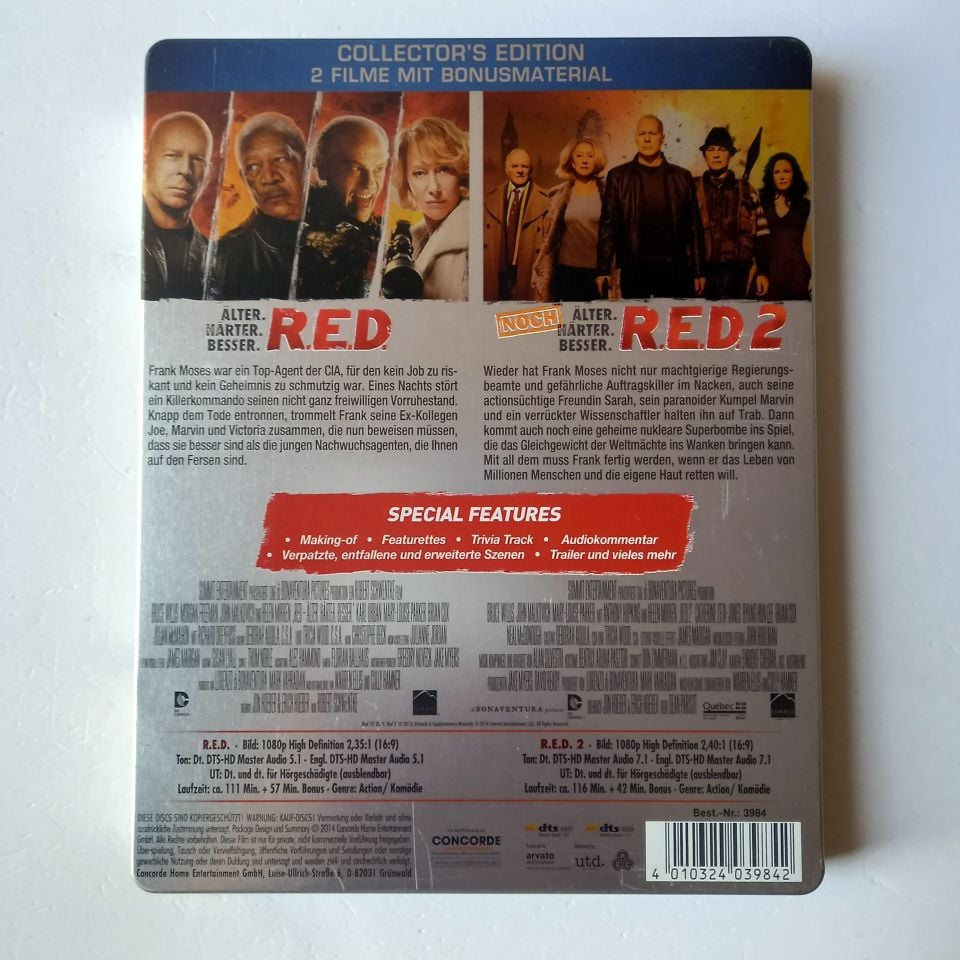 RED / RED 2 - BRUCE WILLIS, MORGAN FREEMAN, JOHN MALKOVICH, HELEN MIRREN - YÖN.: ROBERT SCWENTKE / DEAN PARISOT - 2BLU-RAY + 2DVD STEELBOOK METAL KUTU 2.EL
