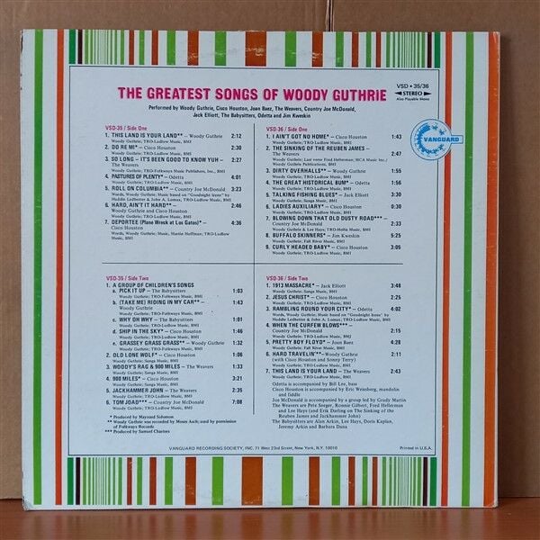 THE GREATEST SONGS OF WOODY GUTHRIE / JOAN BAEZ, THE BABYSITTERS, COUNTRY JOE MCDONALD, JACK ELLIOT, CISCO HOUSTON, ODETTA, THE WEAVERS (1972) - 2LP 2.EL PLAK