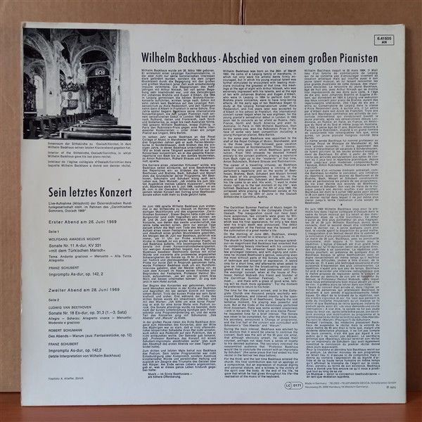 WILHELM BACKHAUS – ABSCHIED VON EINEM GROSSEN PIANISTEN / SEIN LETZTES KONZERT - LP 2.EL PLAK