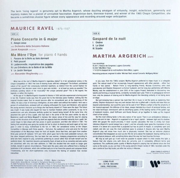 MARTHA ARGERICH - RAVEL / ADAGIO FROM PIANO CONCERTO IN G MAJOR / ME MERE L'OYE / GASPARD DELA NUIT (2025) - LP COMPILATION SIFIR PLAK
