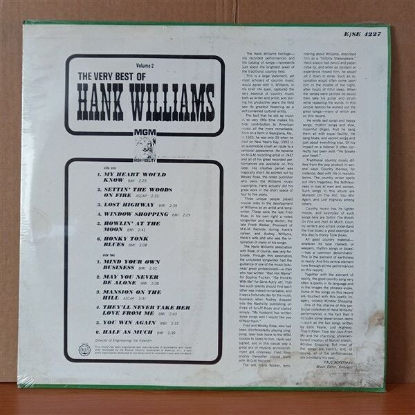 HANK WILLIAMS – THE VERY BEST OF HANK WILLIAMS VOLUME 2 (1964) - LP DÖNEM BASKISI SIFIR PLAK