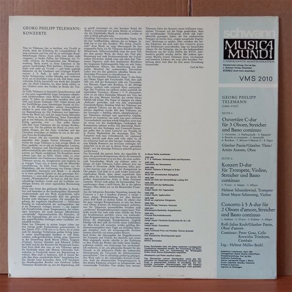 GEORG PHILIPP TELEMANN / KÖLNER KAMMERORCHESTER, HELMUT MÜLLER-BRÜHL – OVERTURE IN C MAJOR FOR 3 OBOES / CONCERTO IN D MAJOR FOR VIOLIN AND TRUMPET / CONCERTO IN A MAJOR FOR 2 OBOES D'AMORE (1967) - LP 2.EL PLAK