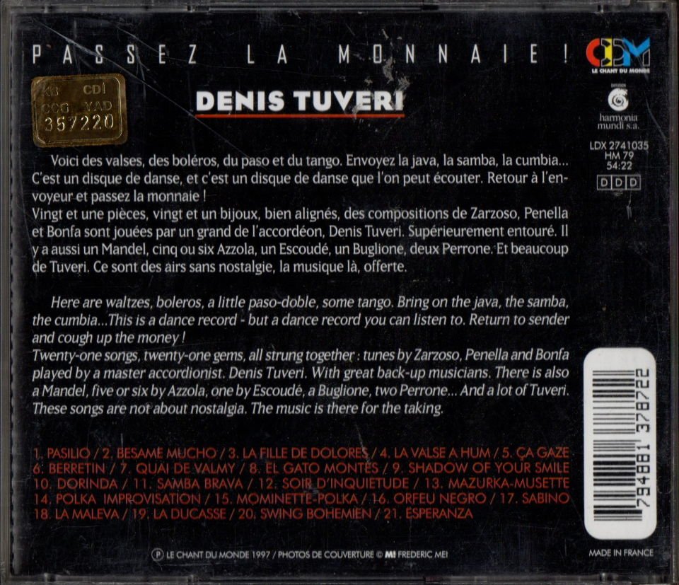 DENIS TUVERI (ACCORDIONIST) – PASSEZ LA MONNAIE! (1997) - CD AKORDİYON TANGO VALS BOLERO 2.EL